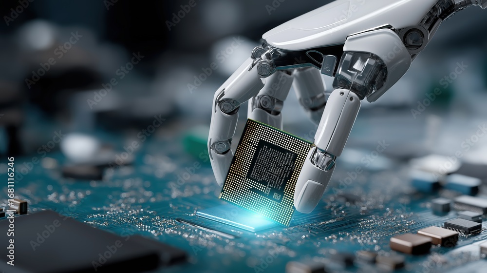 Poster robotic hand holding microchip wafer in blue-lit industrial lab with circuit backdrop, for semicondu