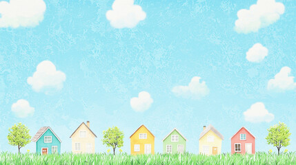 Obraz premium A row of colorful houses with trees and a blue sky in the background.