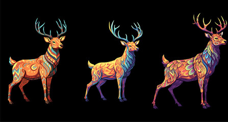 A vibrant set of three majestic stags rendered in a psychedelic fantasy art style, showcasing intricate ornamental patterns and large antlers