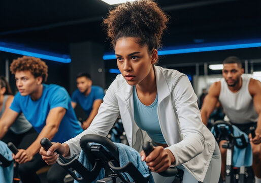 A focused woman cycling in a spin class with other participants in a modern fitness studio setting