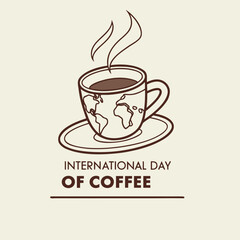 Steaming coffee with an Earth globe design on the cup rests above lettering