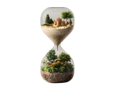 Hourglass with Sand Desert in Top Chamber and Lush Forest Below, Front View, Isolated on Transparent Background.png