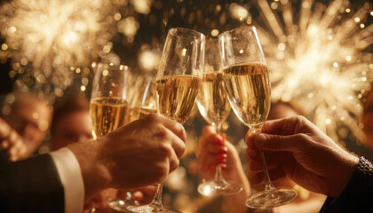 Close-up of people clinking champagne glasses with golden fireworks in background, elegant New Year’s Eve holiday celebration