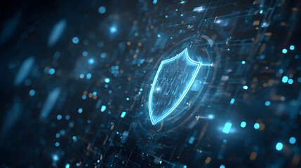 This is a digital art illustration featuring cyberseurity and technology theme with glowing cyber elemens and a shield icon at itscenter.
