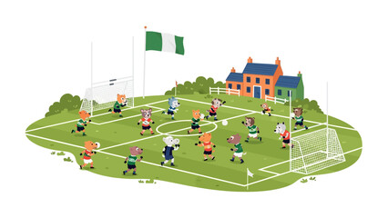Teamwork in Animated Field: A lively cartoon illustration depicts a spirited team of animals engaged in a competitive game of football.