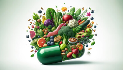 Nutritional supplement capsule filled with vegetables, fruit, and healthy ingredients