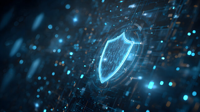 This is a digital art illustration featuring cyberseurity and technology theme with glowing cyber elemens and a shield icon at itscenter. - Powered by Adobe