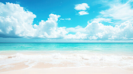 Fototapeta premium A serene beach scene with a clear blue sky and white clouds, a sandy shore, and gentle waves lapping at the shore.