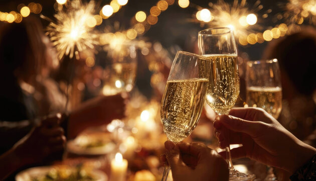 Close-up of people clinking champagne glasses with golden fireworks in background, elegant New Year’s Eve holiday celebration