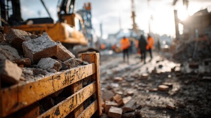 Naklejka premium Overflowing Waste Container at Construction Site with Broken Bricks