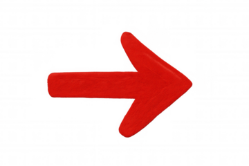 Red hand-drawn arrow directing rightward, featuring rough texture, positioned against transparent backdrop