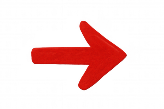 Red hand-drawn arrow directing rightward, featuring rough texture, positioned against transparent backdrop