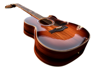 Acoustic Guitar Resting Upright on Wooden Stand with Natural Shadows, Isolated on Transparent Background
