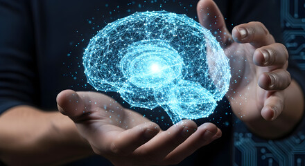 Futuristic glowing holographic brain floating above cupped hands digital neural network concept