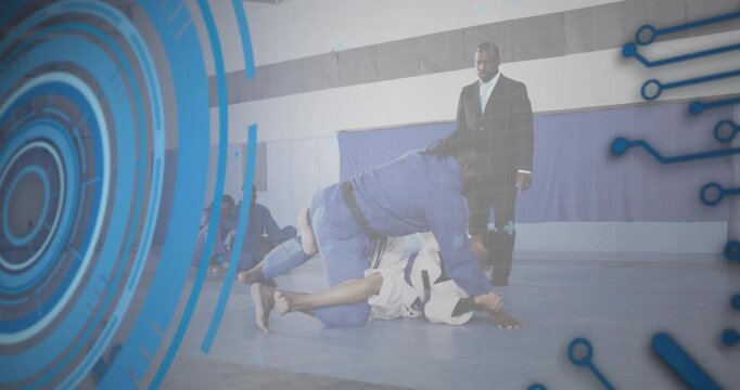 At start jiu jitsu blue athlete breaking guard sliding mount securing control with digital overlay