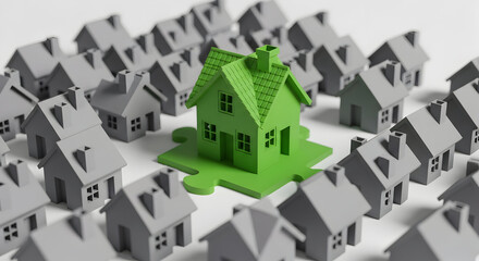 Single green house model standing out among gray houses real estate uniqueness property concept