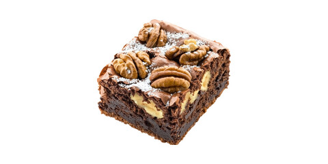Chocolate Brownie With Walnuts And Powdered Sugar. Delicious Dessert For Indulgence And Treats Isolated On Transparent Background