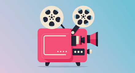 Retro pink movie projector with film reels on a gradient blue and purple background