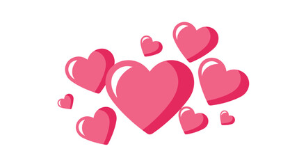 A vibrant cluster of glossy pink hearts of various sizes floating together on a white background