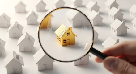 Golden miniature house under magnifying glass among blurred white houses real estate search and property inspection concept
