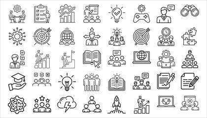 Business Training and Education Icons Learning, Growth, Leadership, Knowledge, Success, Outline Vector Set