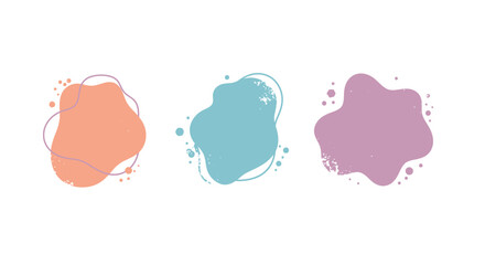 Three abstract organic shapes in pastel peach blue and purple with subtle line art details
