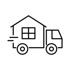 Tiny house on wheels and home moving truck line icon. Mobile homes, travel lifestyle, freedom on the road. Moving services, logistics, transport, and portable housing solutions. Vector illustration