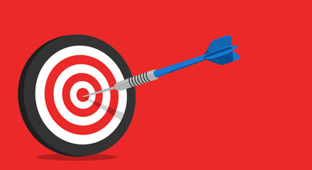 Blue dart hitting the bullseye on a target board with a red background representing success and accuracy