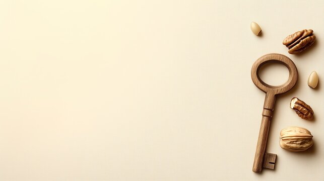 Wooden Key and Nuts on Beige Background