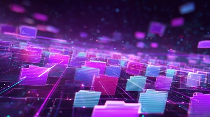 Obraz premium Abstract network grid with files and folders, futuristic software interface, digital document management system, store, search and organize documents, corporate business, paperless office 