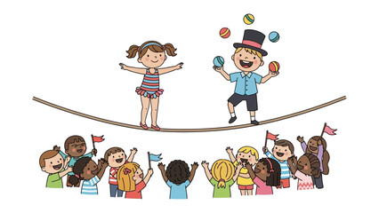 Children's Circus: A delightful scene unfolds as children perform acts of a circus, showcasing the joy of juggling, tightrope walking, and pure fun! 