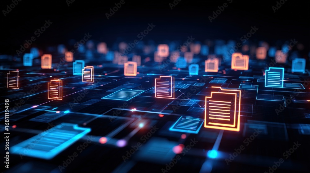 Aufkleber abstract network grid with files and folders, futuristic software interface, digital document manage