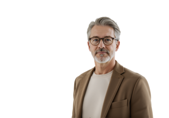 Portrait of a confident mature businessman with grey hair and glasses looking at the camera on a transparent background