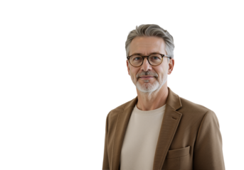 Portrait of a confident mature businessman with gray hair and glasses smiling, isolated on a transparent background with copy space
