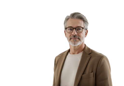 Portrait of a confident mature businessman with grey hair and glasses looking at the camera on a transparent background