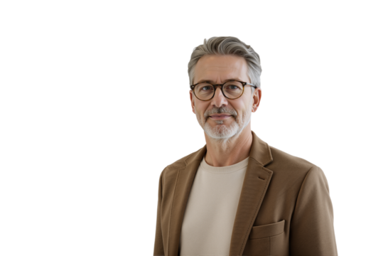 Portrait of a confident mature businessman with gray hair and glasses smiling, isolated on a transparent background with copy space