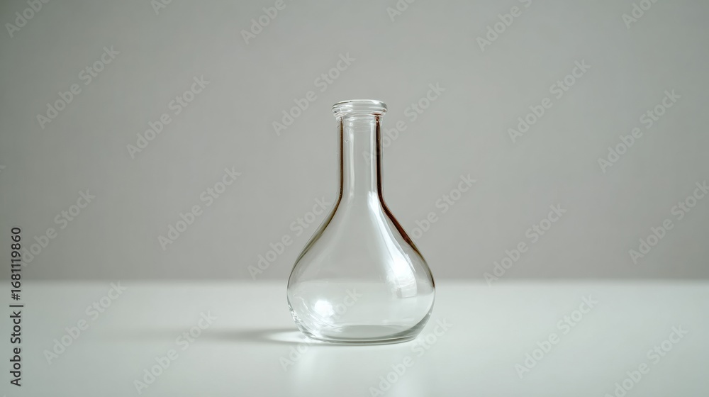 Poster clear glass laboratory flask placed on a white table with minimalistic background showcasing its sha