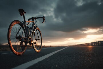 Obraz premium Adventure-seeking cyclists enjoy a sunset ride along the road, their silhouettes outlined against the summer sky