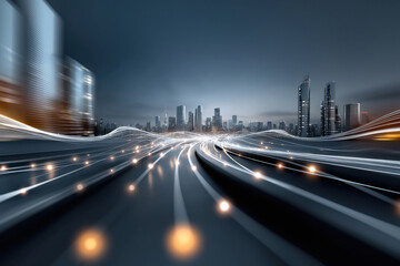 glowing data lines skyscrapers on background