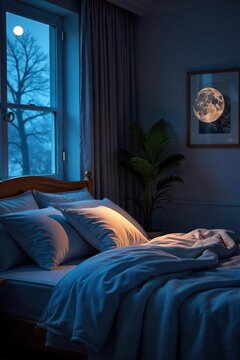 Serene bedroom scene at night, soft moonlight illuminating a comfortable bed with plush pillows and blankets, creating a peaceful atmosphere ideal for sleep , shadows, restful