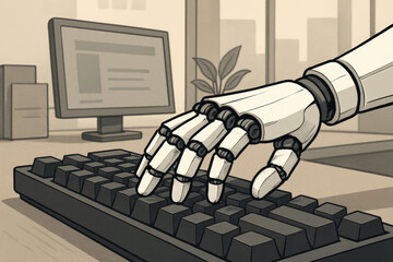 Ai robot hand replacing jobs by typing on computer keyboard in modern office environment