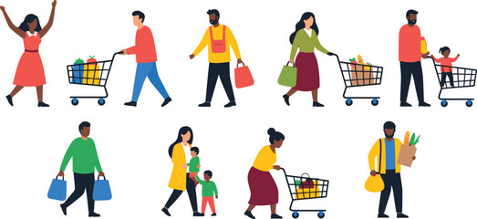 Shopping, people, grocery, cart, bags, family, children, walking, pushing, carrying, retail, consumer, colorful, illustration, market, purchase, behavior, lifestyle, diversity, activity © Hasib World