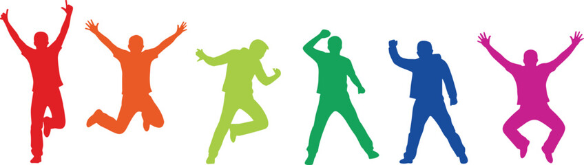 Silhouette, people, celebration, joy, dance, jump, colorful, pose, energy, movement, diversity, happiness, active, icon, concept, vibrant, excitement, fun, group, white