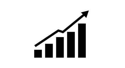 Black silhouette of a rising bar graph with an upward trending arrow indicating growth and success