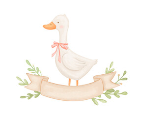Watercolor cute baby goose with bow and banner for text. Funny bird character on isolated background for card