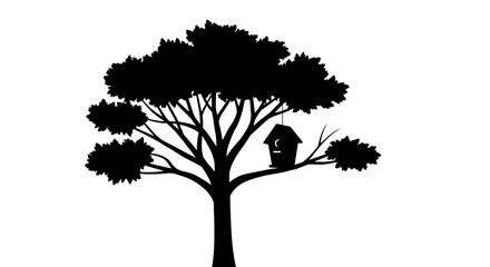 Silhouette of a tall tree with a birdhouse nestled on a branch against a white background