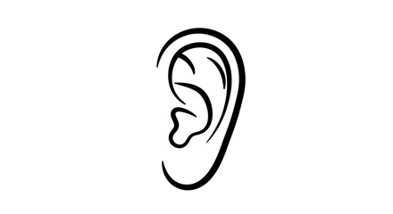 Simple black line art drawing of a human ear on a clean white background representing hearing and listening