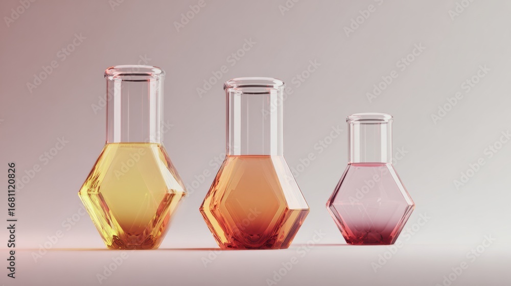 Poster glass laboratory flasks with colored liquids on light background in modern laboratory setting showca