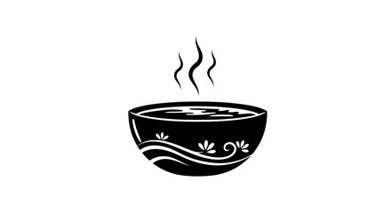 A simple black and white illustration of a steaming cup of coffee or tea with decorative patterns on the mug