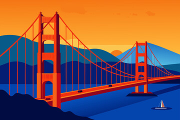 Stylized golden gate bridge at sunset with mountains and sailboat